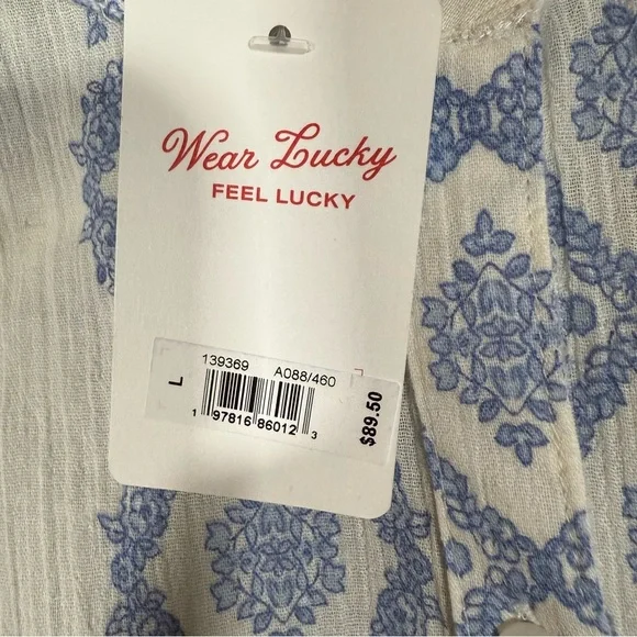 NWT Lucky Brand Boho Blue and White Floral Cotton Button Down Peasant Top Large - Picture 5 of 8